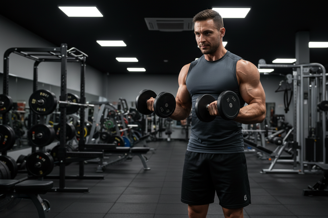 a muscular men doing hummer curls in gym
