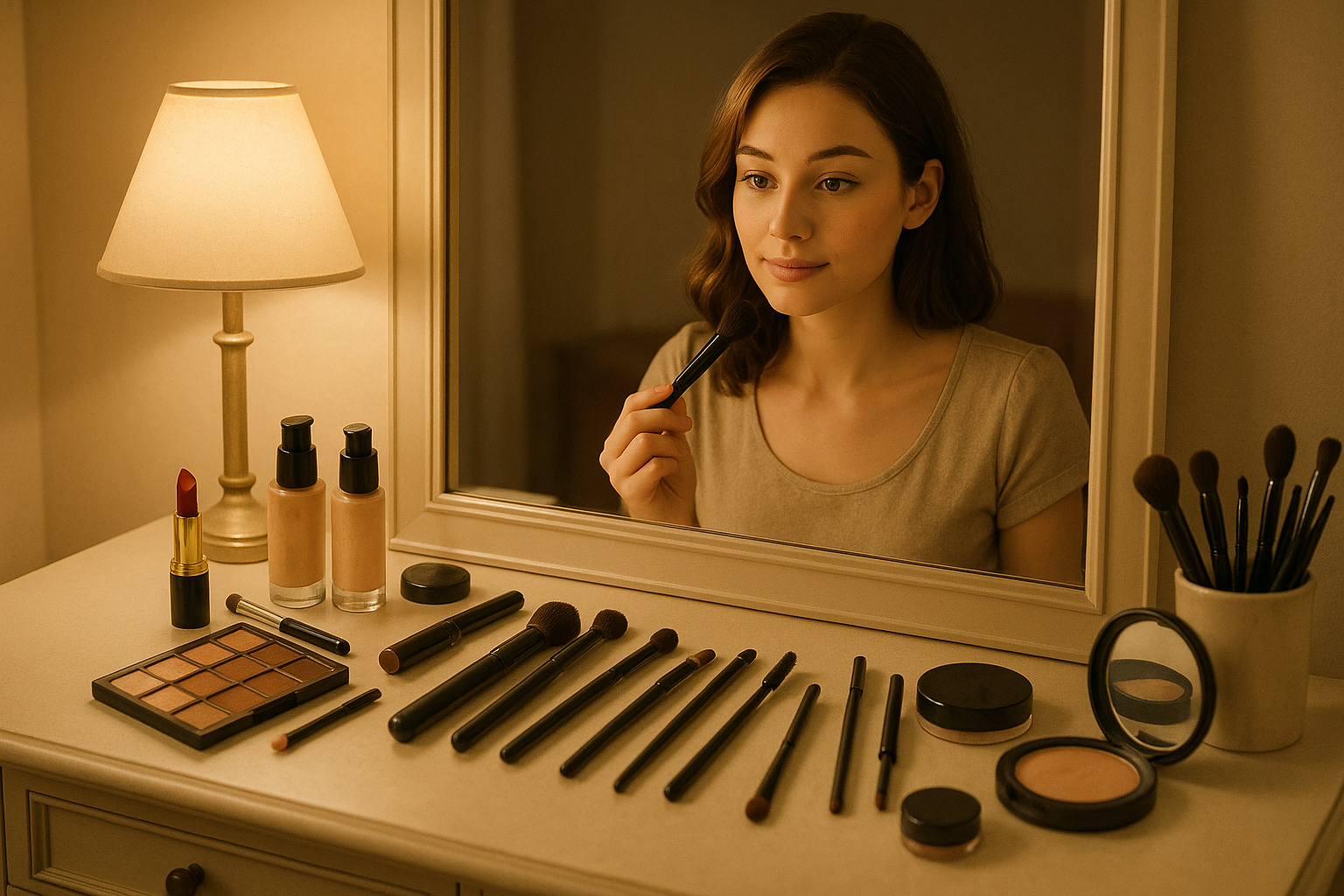 one girl looking at the mirror and infront of her table makeup things